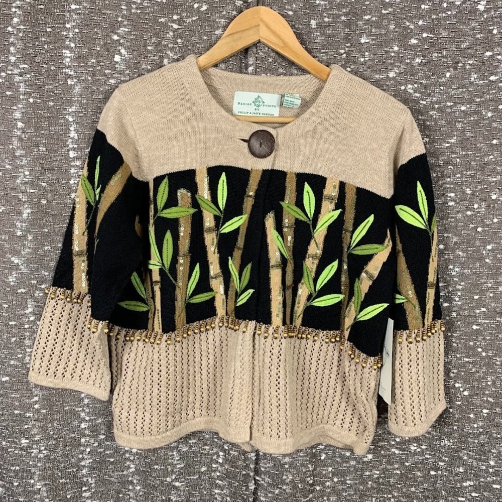NWT Design Options Bamboo Beaded Knit Cardigan Sweater Women's‎ M